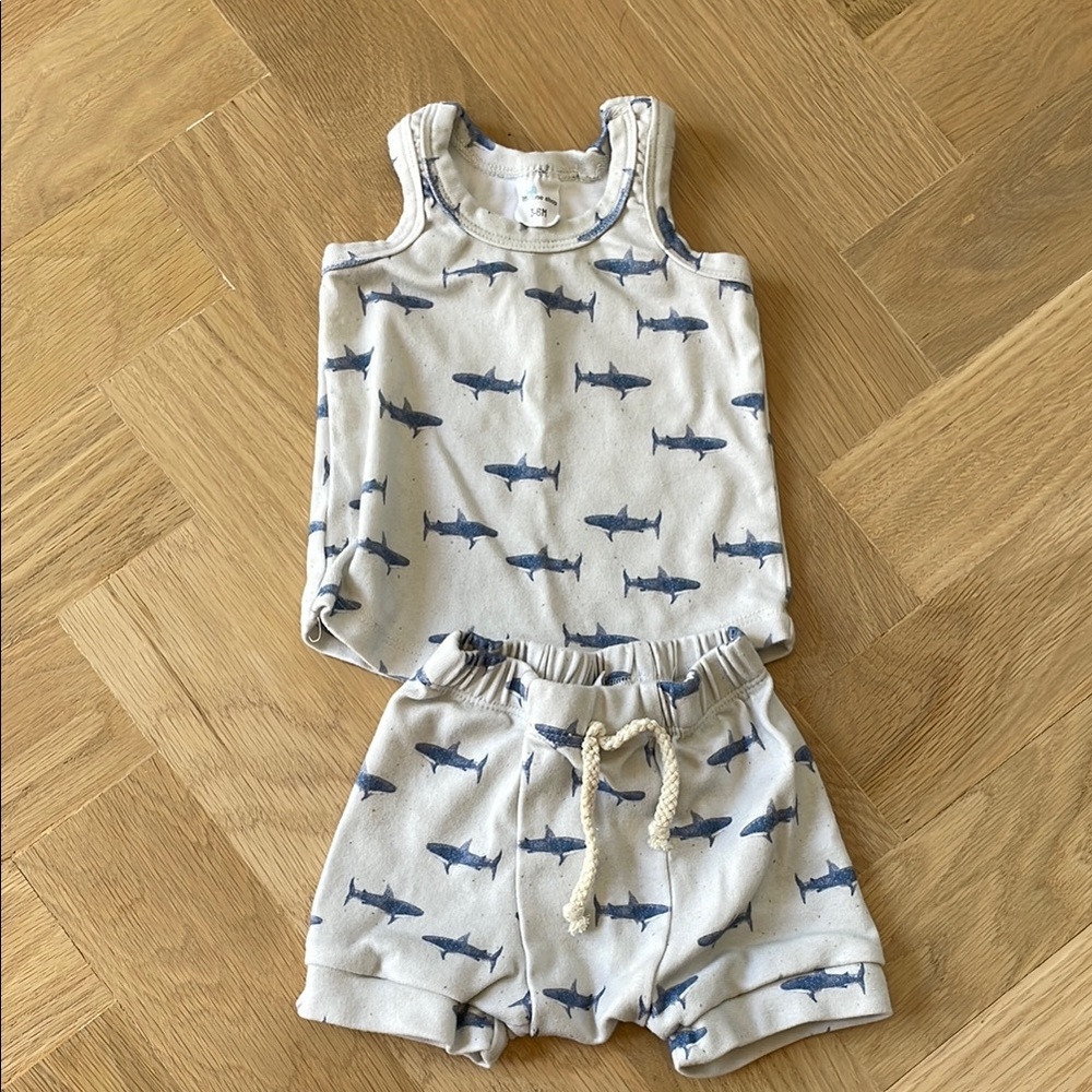 Cream and Blue Shark Print Two-Piece Set
